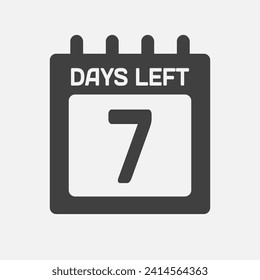 Countdown daily page calendar icon - 7 days left. Vector number day to go. Agenda app, business deadline, date. Reminder, schedule simple pictogram. Countdown for sale, promotion