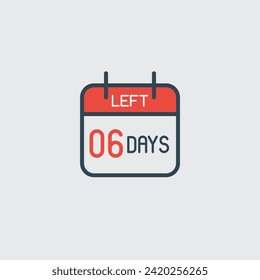 Countdown-Tags Kalendersymbol 06 Tage übrig. Tag zu Tag. Agenda App, Geschäftsfrist, Datum. Erinnerung, planen Sie ein einfaches Piktogramm. Countdown für Verkauf, Verkaufsförderung
