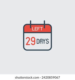 Countdown daily page calendar icon 29 days left. Number day to go. Agenda app, business deadline, date. Reminder, schedule simple pictogram.