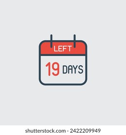 Countdown daily page calendar icon 19 days left. Number day to go. Agenda app, business deadline, date. Reminder, schedule simple pictogram.
