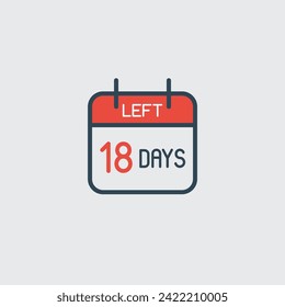 Countdown daily page calendar icon 18 days left. Number day to go. Agenda app, business deadline, date. Reminder, schedule simple pictogram.
