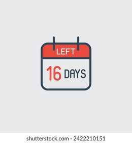 Countdown daily page calendar icon 16 days left. Number day to go. Agenda app, business deadline, date. Reminder, schedule simple pictogram.