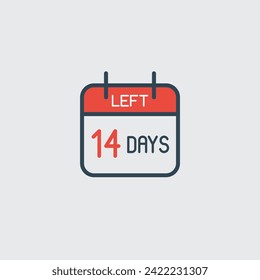 Countdown daily page calendar icon 14 days left. Number day to go. Agenda app, business deadline, date. Reminder, schedule simple pictogram.