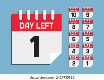 Countdown daily page calendar icon - 1 day left. Vector number day to go. Agenda app, business deadline, date. Reminder, schedule simple pictogram. Countdown for sale, promotion