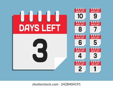 Countdown daily page calendar icon - 3 days left. Vector number day to go. Agenda app, business deadline, date. Reminder, schedule simple pictogram. Countdown for sale, promotion