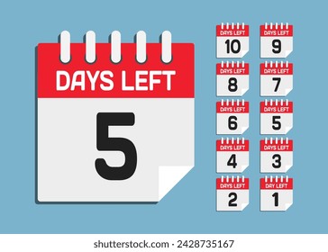 Countdown daily page calendar icon - 5 days left. Vector number day to go. Agenda app, business deadline, date. Reminder, schedule simple pictogram. Countdown for sale, promotion