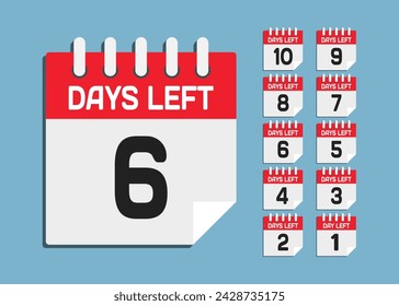 Countdown daily page calendar icon - 6 days left. Vector number day to go. Agenda app, business deadline, date. Reminder, schedule simple pictogram. Countdown for sale, promotion