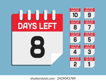 Countdown daily page calendar icon - 8 days left. Vector number day to go. Agenda app, business deadline, date. Reminder, schedule simple pictogram. Countdown for sale, promotion