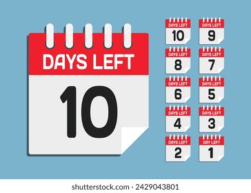 Countdown daily page calendar icon - 10 days left. Vector number day to go. Agenda app, business deadline, date. Reminder, schedule simple pictogram. Countdown for sale, promotion