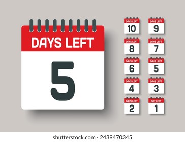 Countdown daily page calendar icon - 5 days left. Vector number day to go. Agenda app, business deadline, date. Reminder, schedule simple pictogram. Countdown for sale, promotion