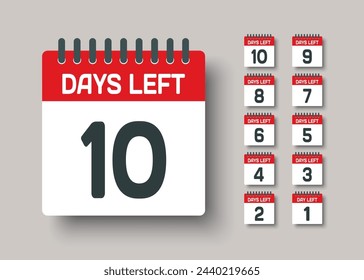 Countdown daily page calendar icon - 10 days left. Vector number day to go. Agenda app, business deadline, date. Reminder, schedule simple pictogram. Countdown for sale, promotion