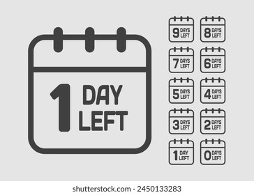 Countdown daily page calendar icon - 1 day left. Vector number day to go. Agenda app, business deadline, date. Reminder, schedule simple pictogram. Countdown for sale, promotion