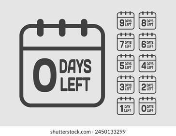 Countdown daily page calendar icon - 0 days left. Vector number day to go. Agenda app, business deadline, date. Reminder, schedule simple pictogram. Countdown for sale, promotion