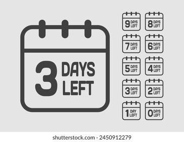 Countdown daily page calendar icon - 3 days left. Vector number day to go. Agenda app, business deadline, date. Reminder, schedule simple pictogram. Countdown for sale, promotion