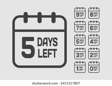Countdown daily page calendar icon - 5 days left. Vector number day to go. Agenda app, business deadline, date. Reminder, schedule simple pictogram. Countdown for sale, promotion