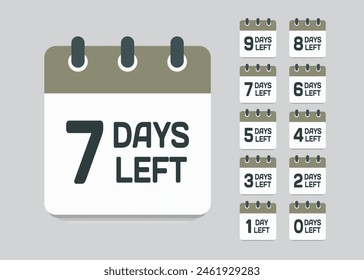 Countdown daily page calendar icon - 7 days left. Vector number day to go. Agenda app, business deadline, date. Reminder, schedule simple pictogram. Countdown for sale, promotion