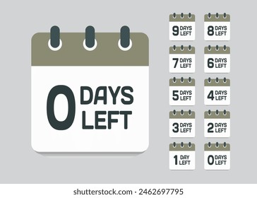 Countdown daily page calendar icon - 0 days left. Vector number day to go. Agenda app, business deadline, date. Reminder, schedule simple pictogram. Countdown for sale, promotion