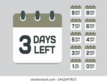 Countdown daily page calendar icon - 3 days left. Vector number day to go. Agenda app, business deadline, date. Reminder, schedule simple pictogram. Countdown for sale, promotion