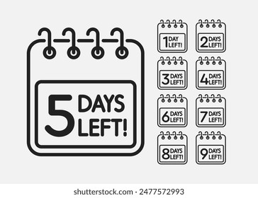 Countdown daily page calendar icon - 5 day left. Vector number day to go. Agenda app, business deadline, date. Reminder, schedule simple pictogram. Countdown for sale, promotion