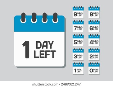 Countdown daily page calendar icon - 1 day left. Vector number day to go. Agenda app, business deadline, date. Reminder, schedule simple pictogram. Countdown for sale, promotion