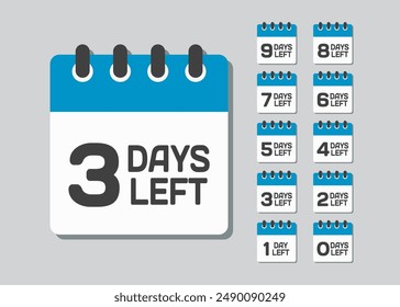 Countdown daily page calendar icon - 3 days left. Vector number day to go. Agenda app, business deadline, date. Reminder, schedule simple pictogram. Countdown for sale, promotion