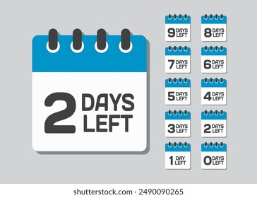 Countdown daily page calendar icon - 2 days left. Vector number day to go. Agenda app, business deadline, date. Reminder, schedule simple pictogram. Countdown for sale, promotion