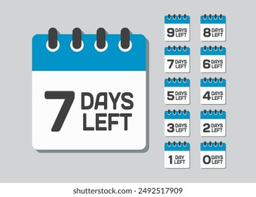 Countdown daily page calendar icon - 7 days left. Vector number day to go. Agenda app, business deadline, date. Reminder, schedule simple pictogram. Countdown for sale, promotion