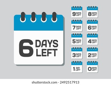 Countdown daily page calendar icon - 6 days left. Vector number day to go. Agenda app, business deadline, date. Reminder, schedule simple pictogram. Countdown for sale, promotion