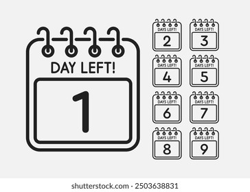 Countdown daily page calendar icon - 1 day left. Vector number day to go. Agenda app, business deadline, date. Reminder, schedule simple pictogram. Countdown for sale, promotion