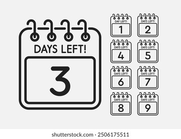 Countdown daily page calendar icon - 3 day left. Vector number day to go. Agenda app, business deadline, date. Reminder, schedule simple pictogram. Countdown for sale, promotion