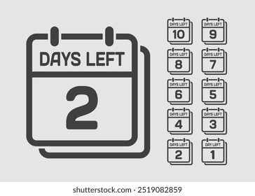 Countdown daily page calendar icon - 2 days left. Vector number day to go. Agenda app, business deadline, date. Reminder, schedule simple pictogram. Countdown for sale, promotion