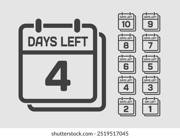 Countdown daily page calendar icon - 4 days left. Vector number day to go. Agenda app, business deadline, date. Reminder, schedule simple pictogram. Countdown for sale, promotion