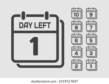 Countdown daily page calendar icon - 1 day left. Vector number day to go. Agenda app, business deadline, date. Reminder, schedule simple pictogram. Countdown for sale, promotion