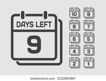 Countdown daily page calendar icon - 9 days left. Vector number day to go. Agenda app, business deadline, date. Reminder, schedule simple pictogram. Countdown for sale, promotion