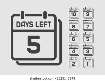 Ícone de calendário de página diária de contagem regressiva - 5 dias restantes. O dia do número do vetor está para terminar. Aplicativo de agenda, prazo comercial, data. Lembrete, agendar pictograma simples. Contagem regressiva para venda, promoção