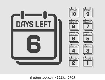 Countdown daily page calendar icon - 6 days left. Vector number day to go. Agenda app, business deadline, date. Reminder, schedule simple pictogram. Countdown for sale, promotion