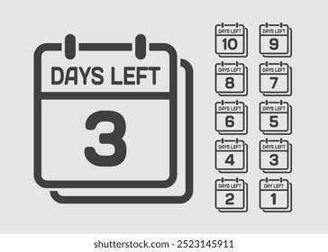 Countdown daily page calendar icon - 3 days left. Vector number day to go. Agenda app, business deadline, date. Reminder, schedule simple pictogram. Countdown for sale, promotion