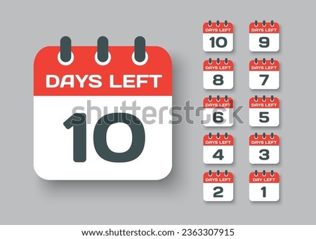 Countdown daily page calendar icon - 10 days left. Vector number day to go. Agenda app, business deadline, date. Reminder, schedule simple pictogram. Countdown for sale, promotion