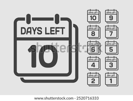 Countdown daily page calendar icon - 10 days left. Vector number day to go. Agenda app, business deadline, date. Reminder, schedule simple pictogram. Countdown for sale, promotion