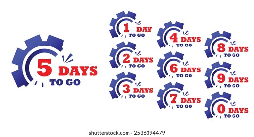 Countdown of days 1,2,3,4,5,6,7,8,9. to go banner set with setting icon. Days to go and days left element badges, icon, web banner, Countdown restore banner with combination of blue and red colour