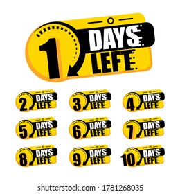 Countdown of days 1,2,3,4,5,6,7,8,9,10. The days left badges. A countdown is going on, one day I left a badge and a label to calculate the date of work. Offer timer, sticker limited to a few days.