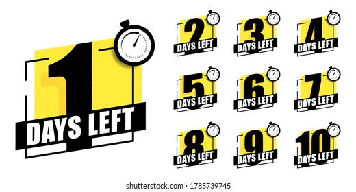 Countdown of days 1,2,3,4,5,6,7,8,9,10. The days left badges. A countdown is going on, one day I left a badge and a label to calculate the date of work. Offer timer, sticker limited to a few days.