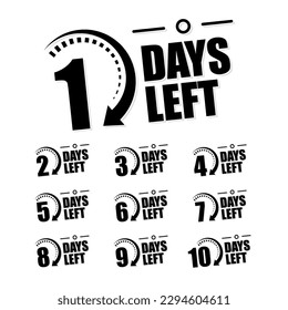 Countdown of days 1,2,3,4,5,6,7,8,9,10. The days left badges. A countdown is going on, one day I left a badge and a label to calculate the date of work. Offer timer, sticker limited to a few days.