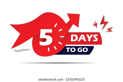 Contagem regressiva de dias 5 para ir banner com forma de fita, cinco dias para ir e dias para esquerda emblemas de elemento, ícone, banner web, Contagem regressiva Vetor de tempo com combinação de cor vermelha