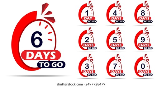 Countdown days to go banner. count time and days for sale banner, poster, lable, Nine, eight, seven six five four three two one zero days to go with red and dark blue color. Vector template 