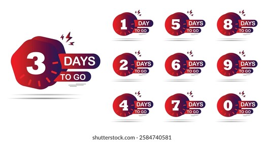 Countdown days go banner. count time and days for sale banner, poster, lable,. Nine, eight, seven six five four three two one zero days to go with red color. Vector template all together, Eps 10