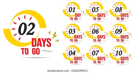 los días de cuenta regresiva van a la bandera, la cuenta regresiva a la izquierda del banner. venta de tiempo de conteo. Quedan nueve, ocho, siete, seis, cinco, cuatro, tres, dos, uno, cero días. Ilustración vectorial con color amarillo y rojo