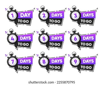 Countdown Days To Go banner. Sale time countdown. Countdown Badges and Stickers. There are nine, eight, seven, six, five, four, three, two, one, zero days to go. Vector illustration.