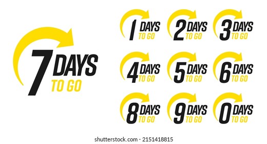 Días de cuenta regresiva para poner banners. Tiempo de venta de recuento en nueve, ocho, siete, seis, cinco, cuatro, tres, dos, uno, cero días de la ilustración vectorial aislada en fondo blanco