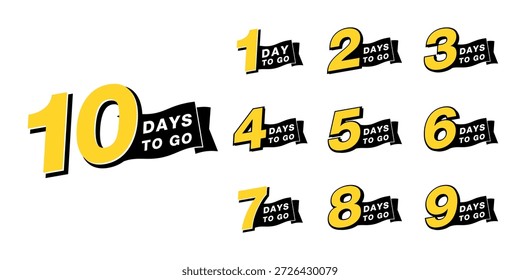 Banner dos dias da contagem regressiva para ir. conjunto de números 10-1 dias para os emblemas deixados. ícone da contagem regressiva isolado com fita amarela no fundo branco. promoção venda oferta temporizador de negociação.